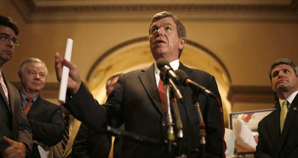 Reps. Roy Blunt (R-MO), center, and other House conservatives, including Rep. Lee Terry (R-NE), far left, and Joe Barton (R-TX), second from left, cried out against clean-energy legislation last week because they said they feared the costs would hurt low-income families. (AP/Lawrence Jackson)