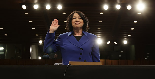 Supreme Court nominee Judge Sonia Sotomayor is sworn in on Capitol Hill during her confirmation hearing before the Senate Judiciary Committee. (AP/George Bridges)