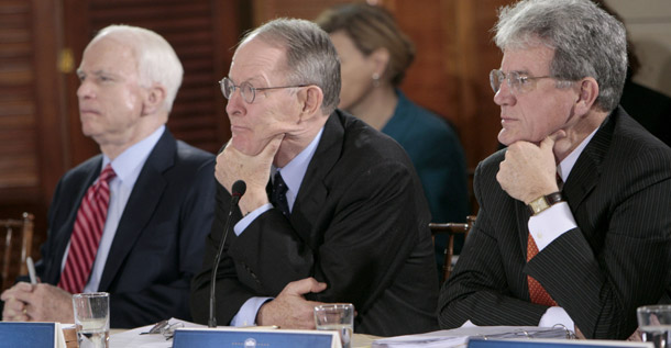 From left, Sen. John McCain, (R-AZ), Sen Lamar Alexander, (R-TN), and Sen. Tom Coburn, (R-OK), listen during the health care reform meeting at the Blair House in Washington, February 25, 2010. McCain and Coburn have both supported proposals to eliminate current tax preferences for employer-sponsored insurance. (AP/Pablo Martinez Monsivais)