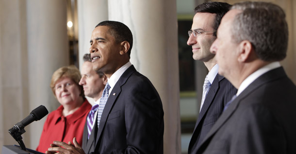 President Barack Obama delivers a statement on his budget that he sent to Congress on February 1, 2010, in the Grand Foyer of the White House in Washington. The president’s budget request to Congress is a strong down payment on an agenda that invests in workers who want to participate in the economic recovery and families who aspire to join the middle class. (AP/Pablo Martinez Monsivais)