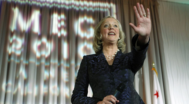 Meg Whitman, who is running for California governor, campaigns at a fund raising dinner in Redwood City, CA, on April 23, 2010. (AP/Paul Sakuma)