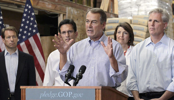 House Minority Leader John Boehner of Ohio, center, gestures while announcing the Republicans "Pledge to America" agenda on September 23, 2010, at a lumber company in Sterling, VA. From left are Rep. Peter Roskam, (R-IL), House Minority Whip Eric Cantor of VA, Boehner, Rep. Cathy McMorris Rodgers, (R-WA), and Rep. Kevin McCarthy, (R-CA). (AP/J. Scott Applewhite)