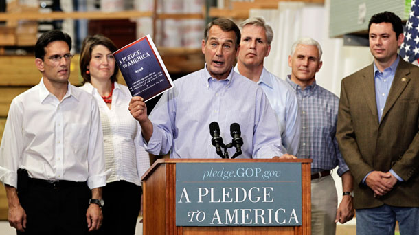 House Minority Leader John Boehner of Ohio, center, holds up a copy of the GOP agenda, "A Pledge to America", Thursday, Sept. 23, 2010, at a lumber yard in Sterling, Va. From left are, House Minority Whip Eric Cantor, Rep. Cathy McMorris Rodgers, Boehner, Rep. Kevin McCarthy, Rep. Mike Pence, and Rep. Jason Chaffetz. (AP/Scott Applewhite)