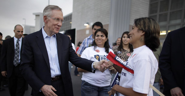 Nevada Sen. Harry Reid (D-NV) greets supporters after speaking at a rally held by members of the Hispanic community on October 16, 2010, in Las Vegas. There are six tight Senate contests in states where Latino voters can influence the outcome: California. Colorado, Connecticut, Florida, Illinois, and Nevada. (AP/Julie Jacobson)
