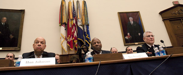 Pentagon General Counsel Jeh Johnson and co-chair of a study on the effects in the military of repealing "Don't Ask, Don't Tell," left, Dr. Clifford Stanley, undersecretary of defense for personnel and readiness, center, and Army Gen. Carter Ham, also co-chair of the study, appear at a House Armed Services subcommittee hearing on the repeal of "Don't Ask, Don't Tell" on Capitol Hill in Washington, on March 3, 2010. The study was released today. (AP/Harry Hamburg)