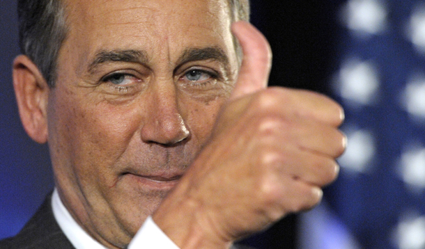 House Minority Leader John Boehner of Ohio celebrates the GOP's victory that changes the balance of power in Congress and will likely elevate him to Speaker of the House. Midterm election results were fueled by the jobs crisis and apathy among progressive constituencies, but still offer a path forward for progressives. (AP/Cliff Owen)