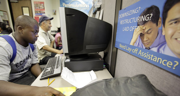 Job seekers look for employment on computers at JobTrain, an educational and training institution that also offers career counseling and job placement services, in Menlo Park, California. Cuts in the GOP budget bill would result in more than 8 million adults and youth losing access to training and other employment services. (AP/Paul Sakuma)