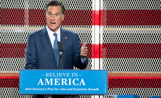Republican presidential hopeful former Massachusetts Gov. Mitt Romney talks about his plan for creating jobs and improving the economy during a speech Tuesday, September 6, 2011, in Las Vegas, at McCandless International Trucks. (AP/Julie Jacobson)