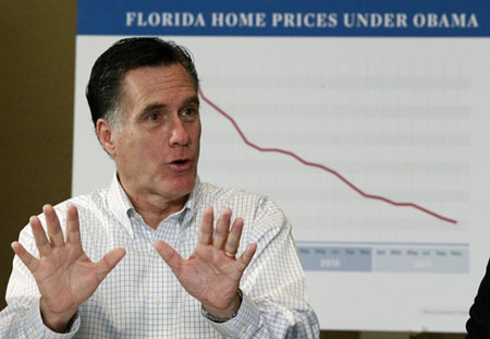 Republican presidential candidate Mitt Romney holds a discussion on housing and foreclosure, Monday, January 23, 2012, in Tampa, Florida. (AP/Charles Dharapak)
