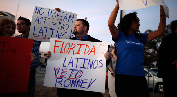 Mitt Romney's recent embrace of hardline anti-immigration rhetoric could cost him in key states like Florida and Nevada.
  (AP/ Charles Dharapak)