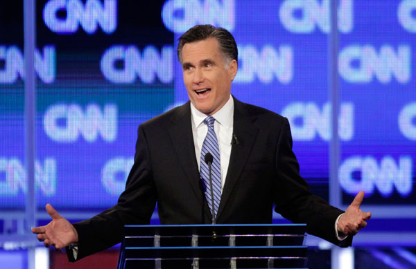 Republican presidential candidate and former Massachusetts Gov. Mitt Romney speaks at the Republican presidential candidate debate in Charleston, S.C. (AP/David Goldman)