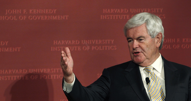 Republican presidential candidate Newt Gingrich speaks at the John F. Kennedy School of Government at Harvard University in Cambridge, Massachusetts, Friday, November 18, 2011. While speaking at the school, Gingrich presented a plan for youth that would hire poor minority middle-school students as janitors. (AP/Charles Krupa)