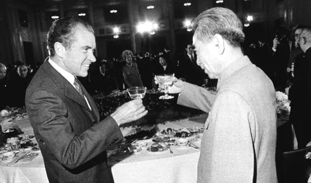 President Richard Nixon toasts Chou En-lai, China's premier, at a farewell dinner in Peking, China, on February 25, 1972. (AP)