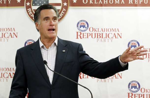 Gov. Mitt Romney repeats his view that marriage should be restricted to one man and one woman at Oklahoma state Republican Party Headquarters in Oklahoma City, on Wednesday, May 9, 2012. Romney does not support the vast majority of laws and policies that make the United States a more fair and equitable country for gay and transgender people as well as their children. (AP/ Sue Ogrocki)