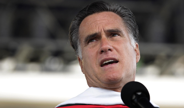 Republican presidential candidate Mitt Romney delivers the commencement address at Liberty University in Lynchburg, Virginia, Saturday, May 12, 2012.