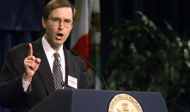 Glenn Hubbard, then-chairman of President George W. Bush's Council of Economic Advisers, talks about the U.S. economy Friday, February 15, 2002, at the Ronald Reagan Presidential Library Foundation in Simi Valley, California. Hubbard, with three other economic policy advisors to the Romney presidential campaign, predicted yesterday that former Gov. Romney’s economic policy platform would create 200,000 to 300,000 jobs per month. (AP/Damian Dovarganes)