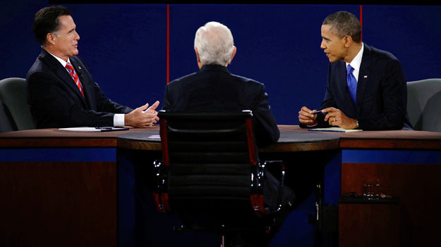 Republican presidential nominee Mitt Romney and President Barack Obama spar during the third presidential debate on foreign policy. The two have very similar foreign policy, despite Gov. Romney's arguments otherwise. (AP/Charlie Neibergall)
