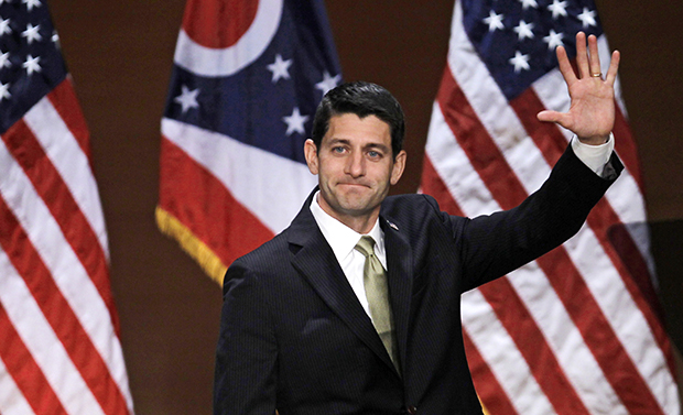 Republican vice presidential candidate Rep. Paul Ryan, R-Wis. waves after speaking to supporters about upward mobility and the economy during a campaign rally at the Walter B. Waetjen Auditorium at Cleveland State University, Wednesday, October 24, 2012, in Cleveland, Ohio. (AP/Tony Dejak)
