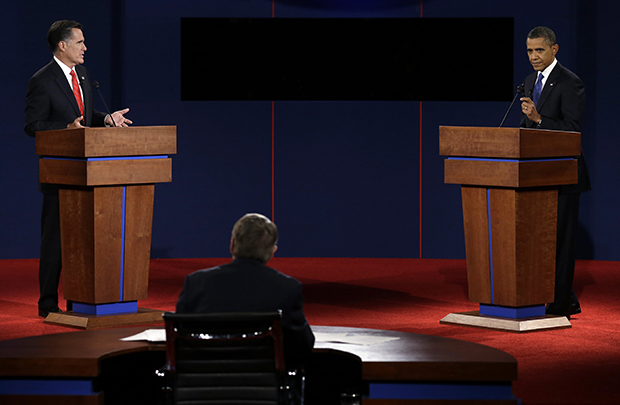 Republican presidential candidate Mitt Romney and President Barack Obama participate in the first 2012 presidential debate at the University of Denver, Wednesday, October 3, 2012. (AP/Charlie Neibergall)