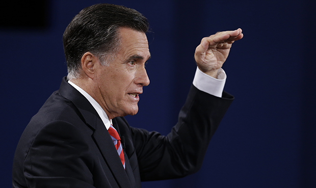 Republican presidential nominee Mitt Romney makes a point during the third presidential debate with President Barack Obama at Lynn University, Monday, October 22, 2012, in Boca Raton, Florida. (AP/David Goldman)