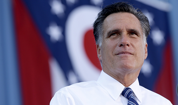 Republican presidential candidate Mitt Romney pauses during a campaign stop at Worthington Industries, a metal processing company, in Worthington, Ohio, Thursday, October 25, 2012. (AP/Charles Dharapak)