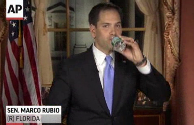 In this frame grab from video, Sen. Marco Rubio (R-FL) takes a sip of water during his response to President Barack Obama's State of the Union address, February 12, 2013. (AP/ Pool)