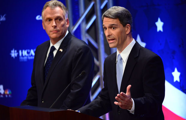 Virginia gubernatorial candidates Terry McAuliffe, left, and Ken Cuccinelli, right, debate on September 25, 2013, in McLean, Virginia. (AP/The Washington Post, Linda Davidson)