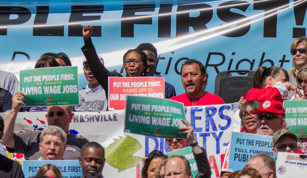 Workers hold a protest on the steps of the state capitol in Nashville, Tennessee, to speak out on issues ranging from increasing the state's minimum wage to supporting public schools. (AP/Erik Schelzig)