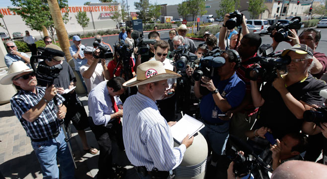 Ammon Bundy, son of rancher Cliven Bundy, talks to the media. (AP/Chris Carlson)