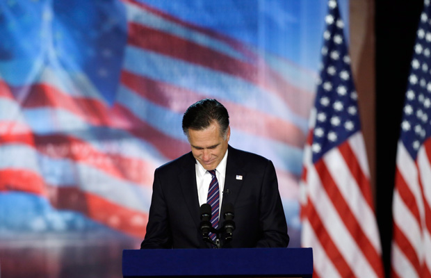 Former Massachusetts Gov. Mitt Romney (R) pauses as he addresses supporters during his election night rally, November 7, 2012, in Boston. (AP/Elise Amendola)