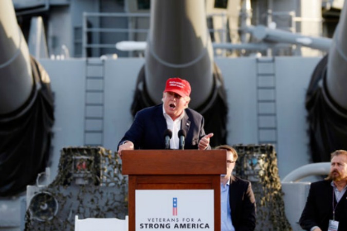 Republican presidential candidate Donald Trump speaks aboard the retired ship USS Iowa in Los Angeles on September 15, 2015. (AP/Kevork Djansezian)