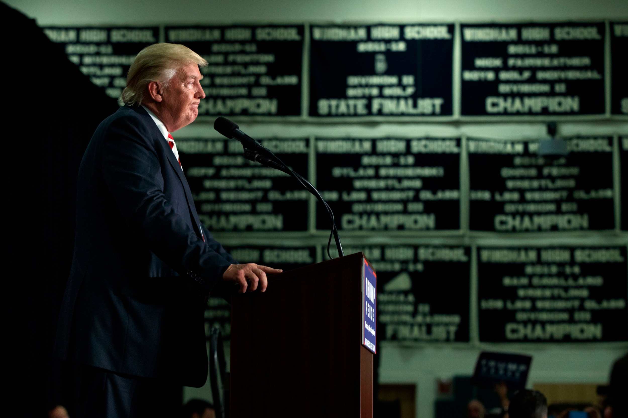 Donald Trump speaks during a campaign rally at Windham High School in Windham, New Hampshire, on August 6, 2016. (AP/Evan Vucci)