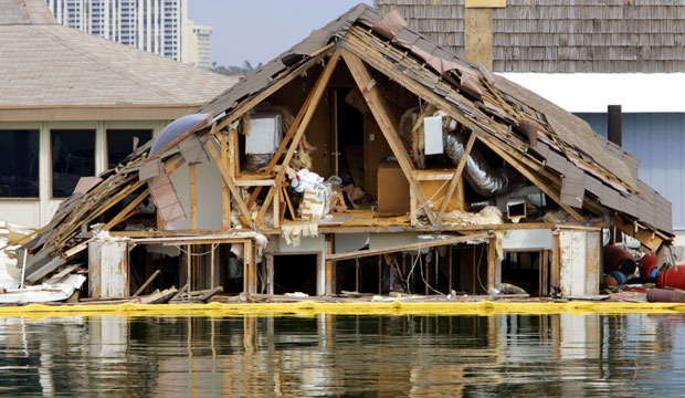 A floating home ruined by Hurricane Wilma is seen in North Bay Village, Florida, on February 15, 2006. (AP/Lynne Sladky)