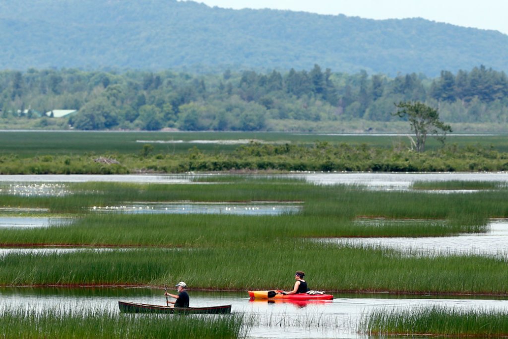 A canoeist and kayaker make their way along Tupper Lake in New York on July 8, 2016. (AP/Mike Groll)