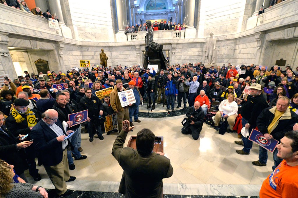Union leaders speak to protesters of Kentucky H.B. 1 in the Kentucky Capitol rotunda, January 7, 2017. (AP/Timothy D. Easley)