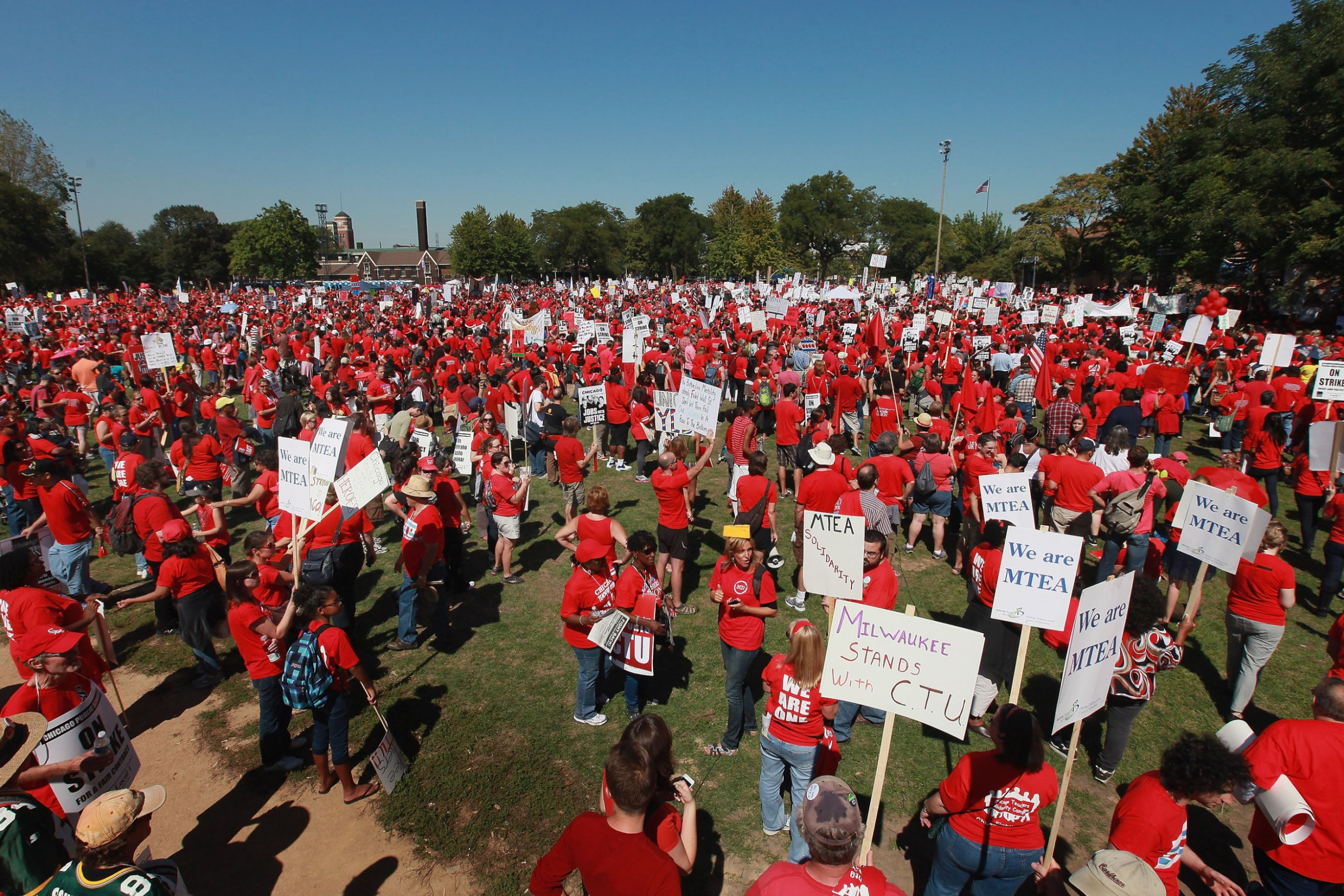 Striking Chicago teachers and their supporters attend a rally in support of better compensation, benefits, and job security, September 2012. (Getty/Scott Olson)