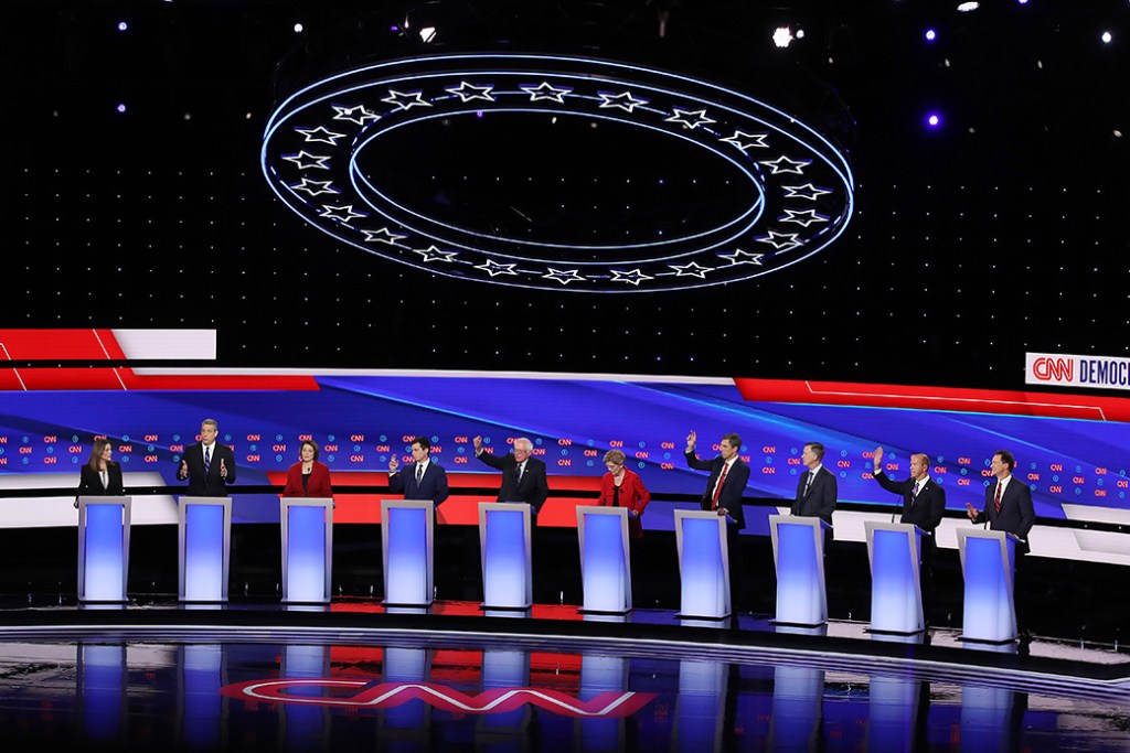 Democratic presidential candidates during the third 2020 Democratic presidential debate at the Fox Theatre, July 30, 2019, in Detroit. (Getty/Justin Sullivan)