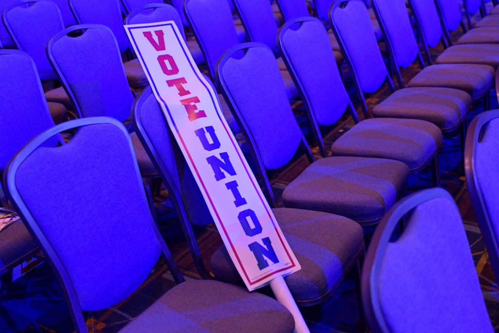 A sign saying “Vote Union” sits on a chair at the Philadelphia Council AFL-CIO Workers Presidential Summit in Philadelphia, September 2019. (Getty/Bastiaan Slabbers/NurPhoto)