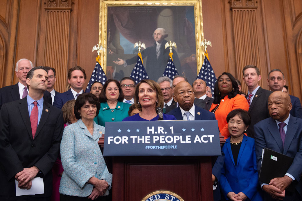 Speaker of the House Nancy Pelosi (D-CA) speaks alongside Democratic members of the House about H.R.1—the For the People Act—at the U.S. Capitol in Washington, January 4, 2019. (Getty/Saul Loeb/AFP)