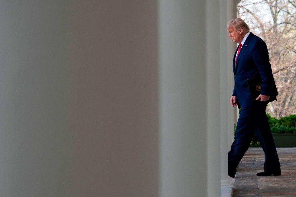 President Donald Trump arrives for a White House Coronavirus Task Force press briefing in the Rose Garden of the White House in Washington on March 29, 2020. (Getty/Jim Watson/AFP)