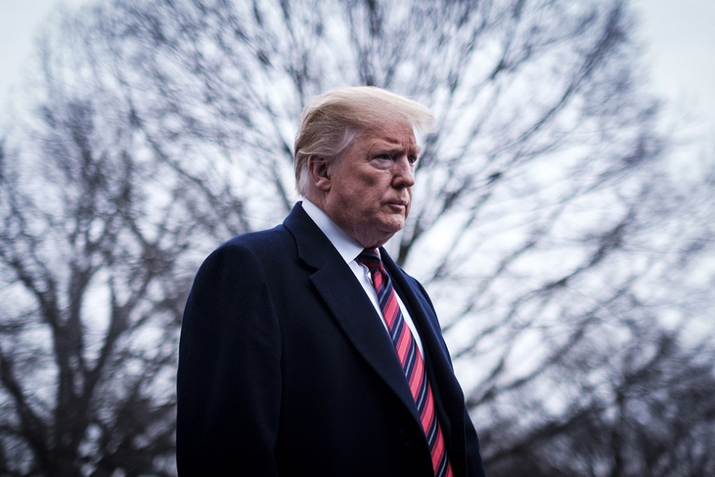 President Donald Trump stops to speak to reporters as he prepares to board Marine One on the South Lawn of the White House, January 19, 2019, in Washington. (Getty/Pete Marovich)