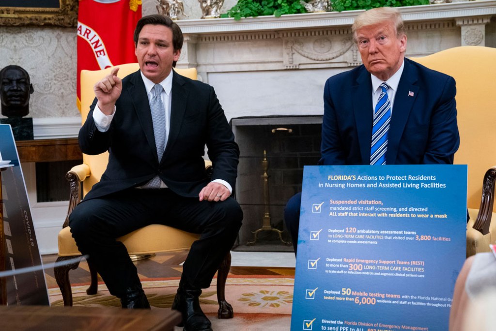 President Donald Trump meets with Florida Gov. Ron DeSantis (R) to discuss ways that Florida is planning to gradually reopen in the wake of the COVID-19 pandemic, Washington, D.C., April 28, 2020. (Getty/Doug Mills)