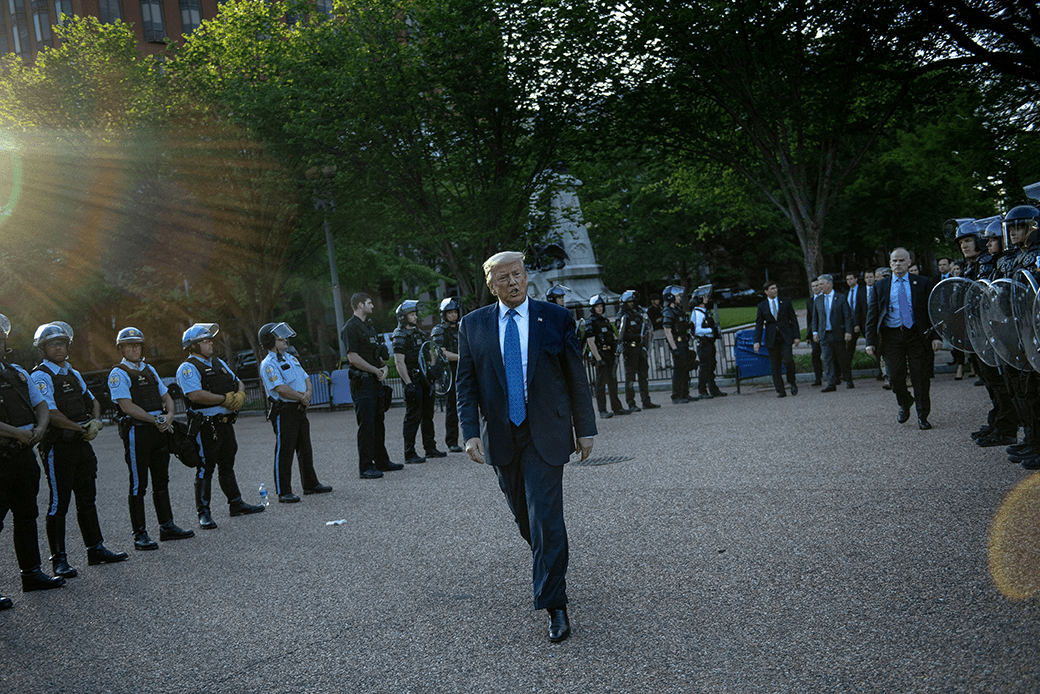 President Donald Trump walks toward St. John's Episcopal Church in Washington, D.C., after giving a televised address. His remarks followed days of nationwide protests against police brutality, sparked by the murder of George Floyd, June 2020. (Getty/Brendan Smialowski/AFP)
