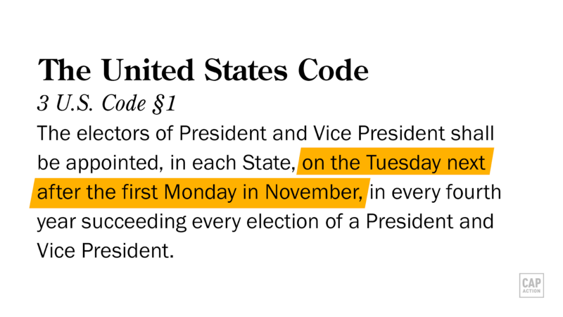 The U.S. Code states that the presidential election will be held on the Tuesday following the first Monday in November