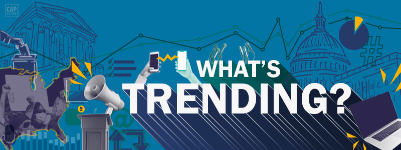 A graphic design of the words What’s Trending? with megaphones and smartphones and a line chart in the background