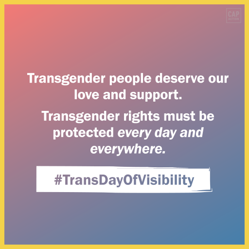 Graphic reads "Transgender people deserve our love and support. Transgender rights must be protected every day and everywhere. #TransDayofVisibility"