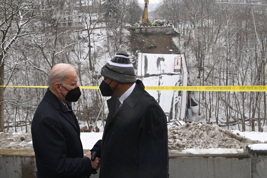 President Biden and Pittsburgh Mayor of Pittsburgh Ed Gainey (D) visit the collapsed Fern Hollow Bridge earlier this year.