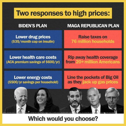The image features a headline that reads: Two responses to high prices: Below the headline is a two-column table—on the left, the header says Biden's Plan and lists the following: Lower drug prices ($35/month cap on insulin), Lower health care costs (ACA premium savings of $600/yr), and Lower energy costs ($500/yr savings per household). At the bottom of the column are pictures of President Biden and Vice President Harris. On the right, the header says MAGA Republican Plan and lists the following: Raise taxes on 76 million households, Rip away health coverage from 20+ million Americans, and Line the pockets of Big Oil as they jack up gas prices. At the bottom of the column are pictures of Ted Cruz, Rick Scott, and Mitch McConnell. A footer reads: Which would you choose?