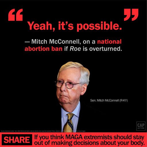 The image features a quote from Sen. Mitch McConnell as the headline that reads: “Yeah, it’s possible.” — Mitch McConnell, on a national abortion ban if Roe is overturned Below the quote is a picture of Sen. Mitch McConnell. A footer reads: SHARE if you think MAGA extremists should stay out of making decisions about your body.