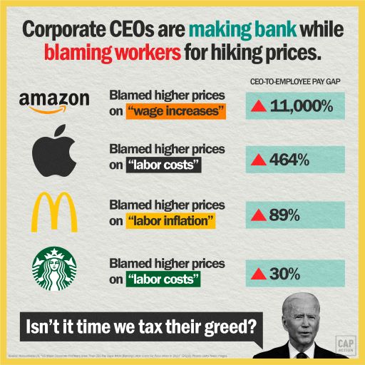 The image features a headline that reads: Corporate CROs are making bank while blaming workers for hiking prices. Below the headline in a descending list, from left to right, are companies, claims, and the CEO-to-Employee pay gap: Amazon, blamed higher prices on “wage increases”, and their CEO-to-Employee pay gap is 11,000%; Apple blamed higher prices on “labor costs” and their CEO-to-Employee pay gap is 464%; McDonald’s blamed their higher prices on “labor inflation” and their CEO-to-Employee pay gap is 89%; and Starbucks blamed higher prices on “labor costs” and their CEO-to-Employee pay gap is 30%. A footer reads: Isn’t it time we tax their greed? To the right of the footer is a picture of President Biden.